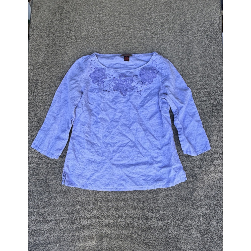 Sara Isabella Blue 100% Linen Embroidered Floral Boat Neck 3/4 Sleeve Top M